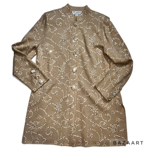 DESIGNER ST JOHN Evening Tan Sequins Rhinestone Jacket (SIZE 10) Skirt (SIZE 8)